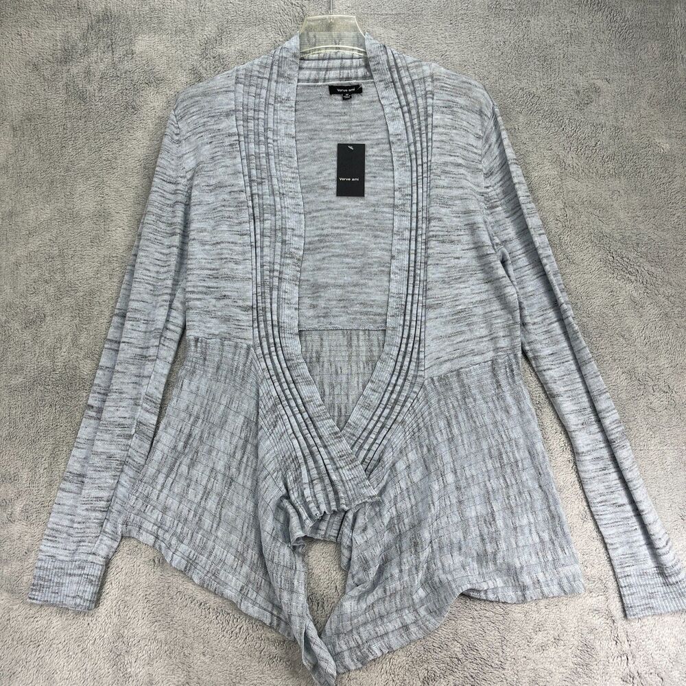 Verve Ami Cardigan Sweater Womens Medium‎ Gray Cotton Knit Ribbed Open Front
